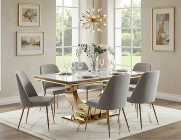 Table à manger TROFY 6 à 8 personnes gold verre MARBRE BLANC 180x90 cm