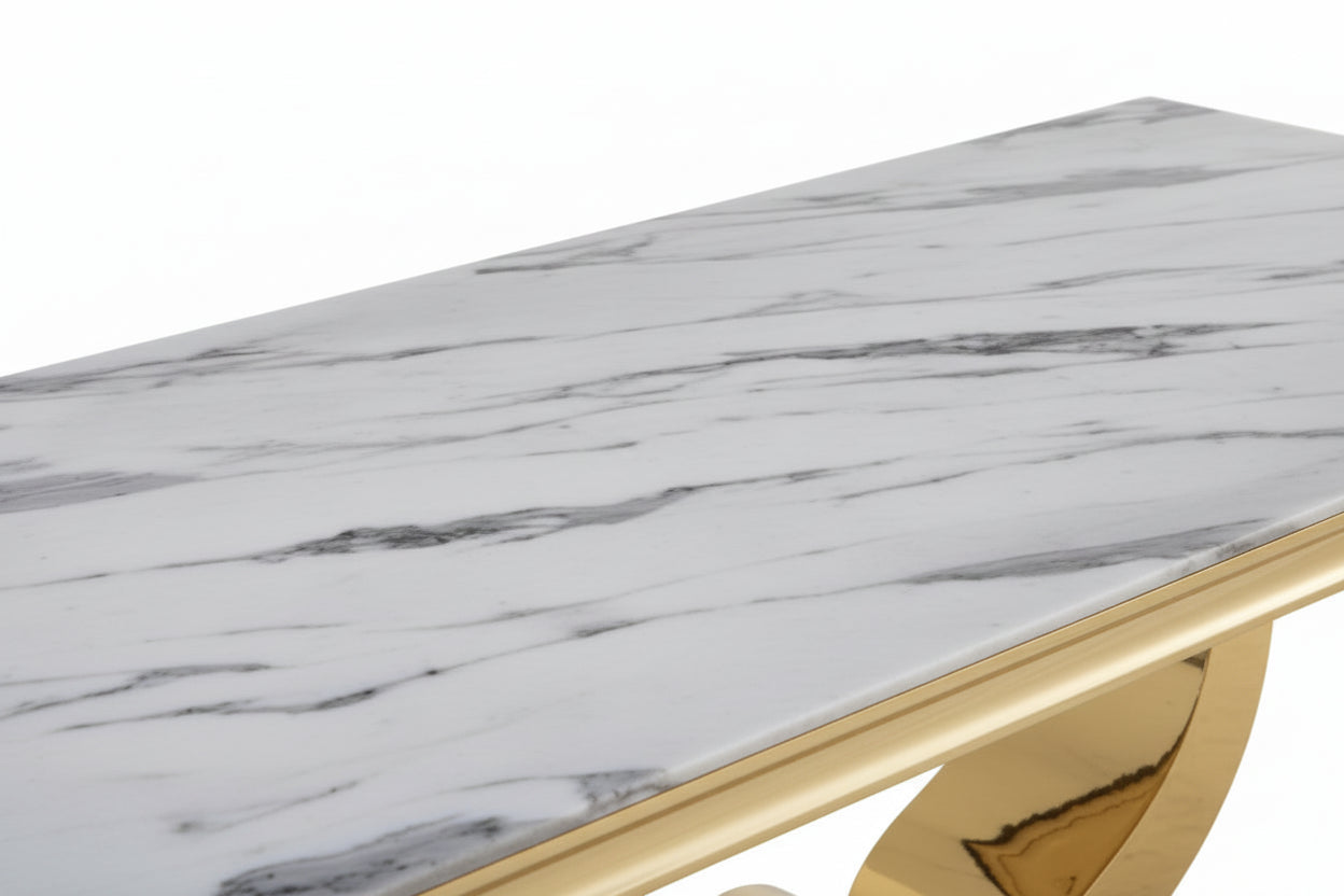 Table a manger verre effet marbre blanc pied gold 150x90 cm TROFY