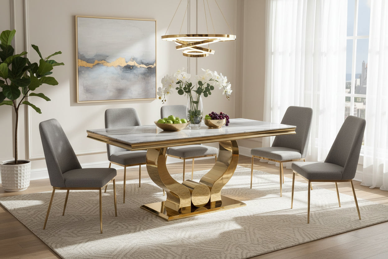 Table a manger verre effet marbre blanc pied gold 150x90 cm TROFY