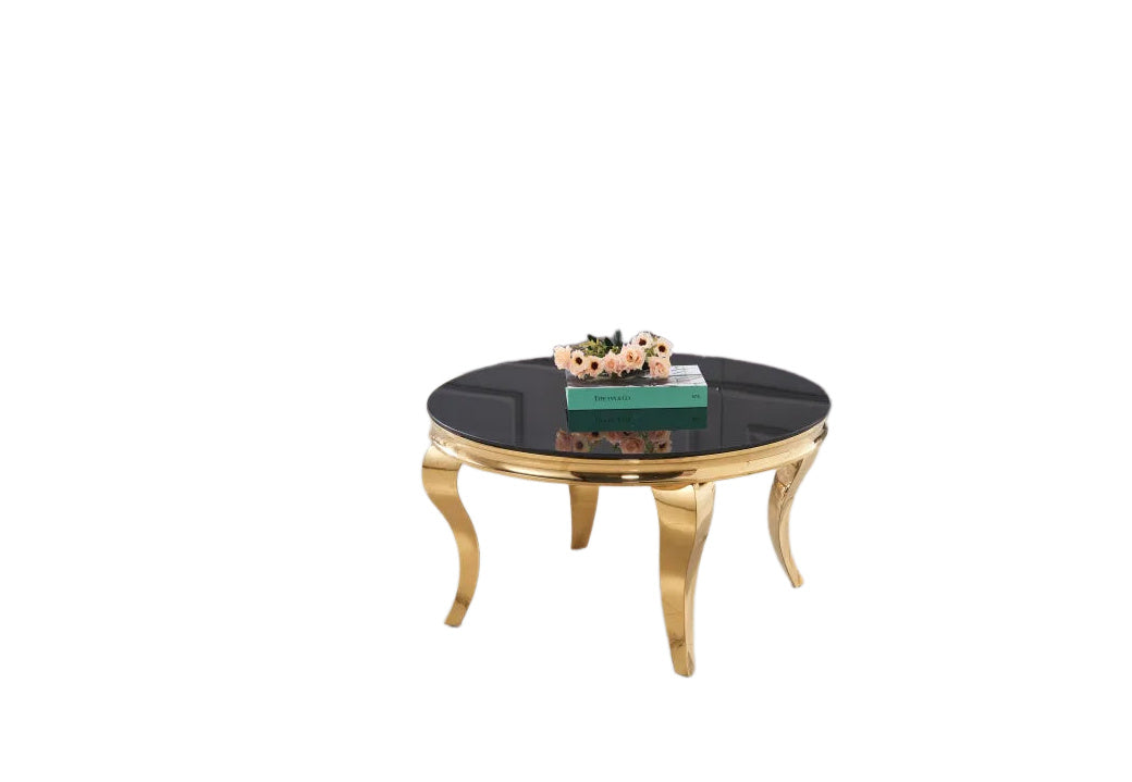 Table basse ronde baroque Gold et plateau en verre NOIR de 80 cm