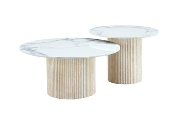Lot 2 tables basses gigognes travertin céramique D80 D60 MINA