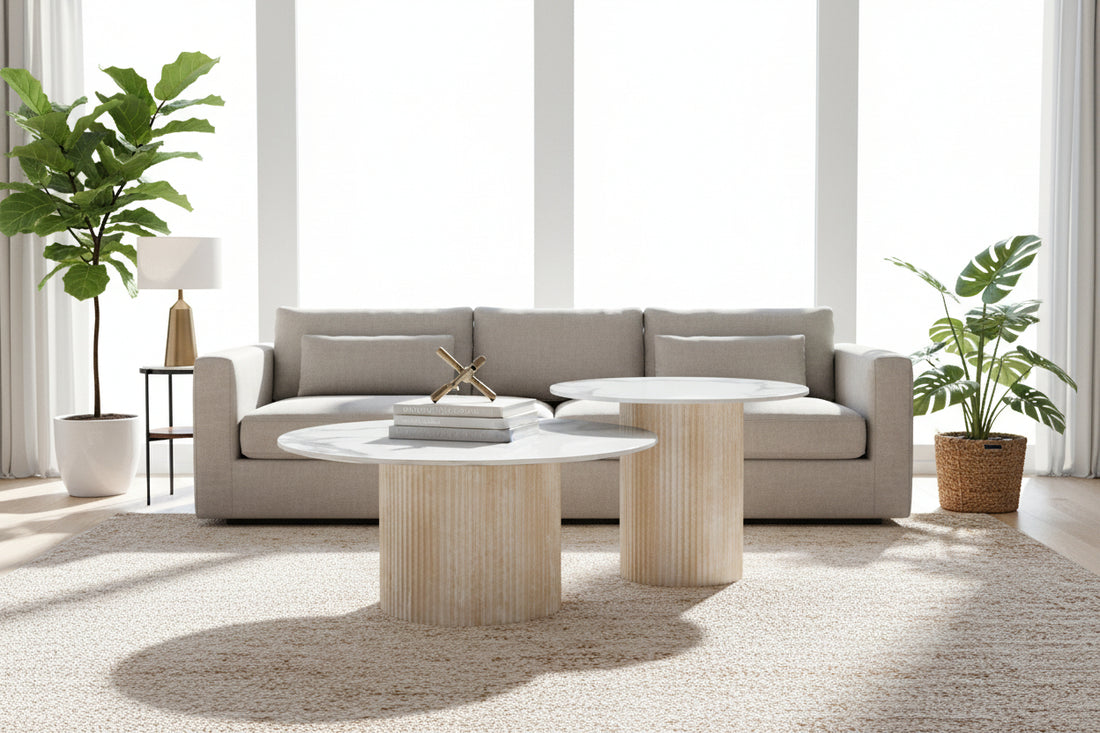 Lot 2 tables basses gigognes travertin céramique D80 D60 MINA