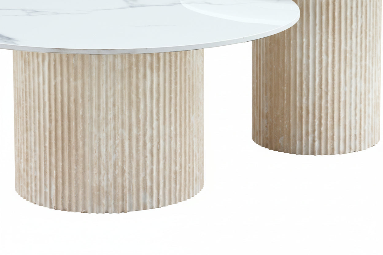 Lot 2 tables basses gigognes travertin céramique D80 D60 MINA