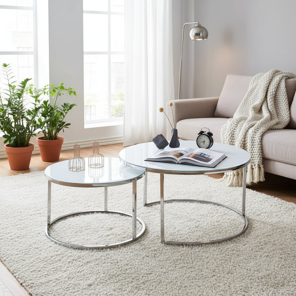 Lot de 2 tables Basses Gigogne ARTO inox et plateau en verre BLANC