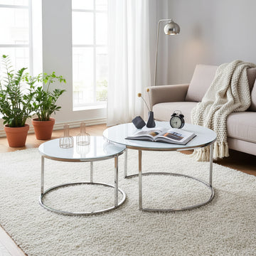Lot de 2 tables Basses Gigogne ARTO inox et plateau en verre BLANC