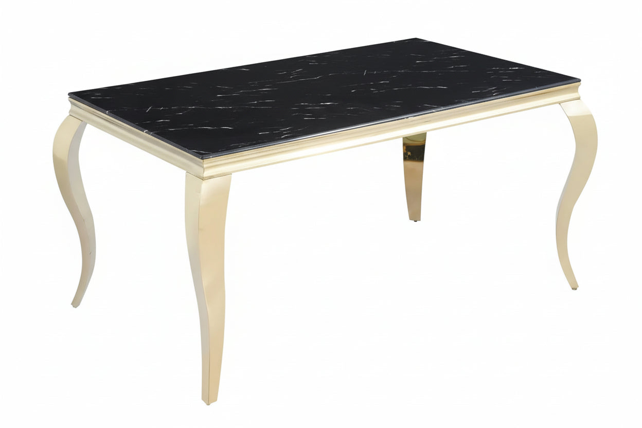 Table à manger BAROQUE 4 à 6 couverts pieds gold plateau en verre 150x90 cm #couleur_marbré-noir