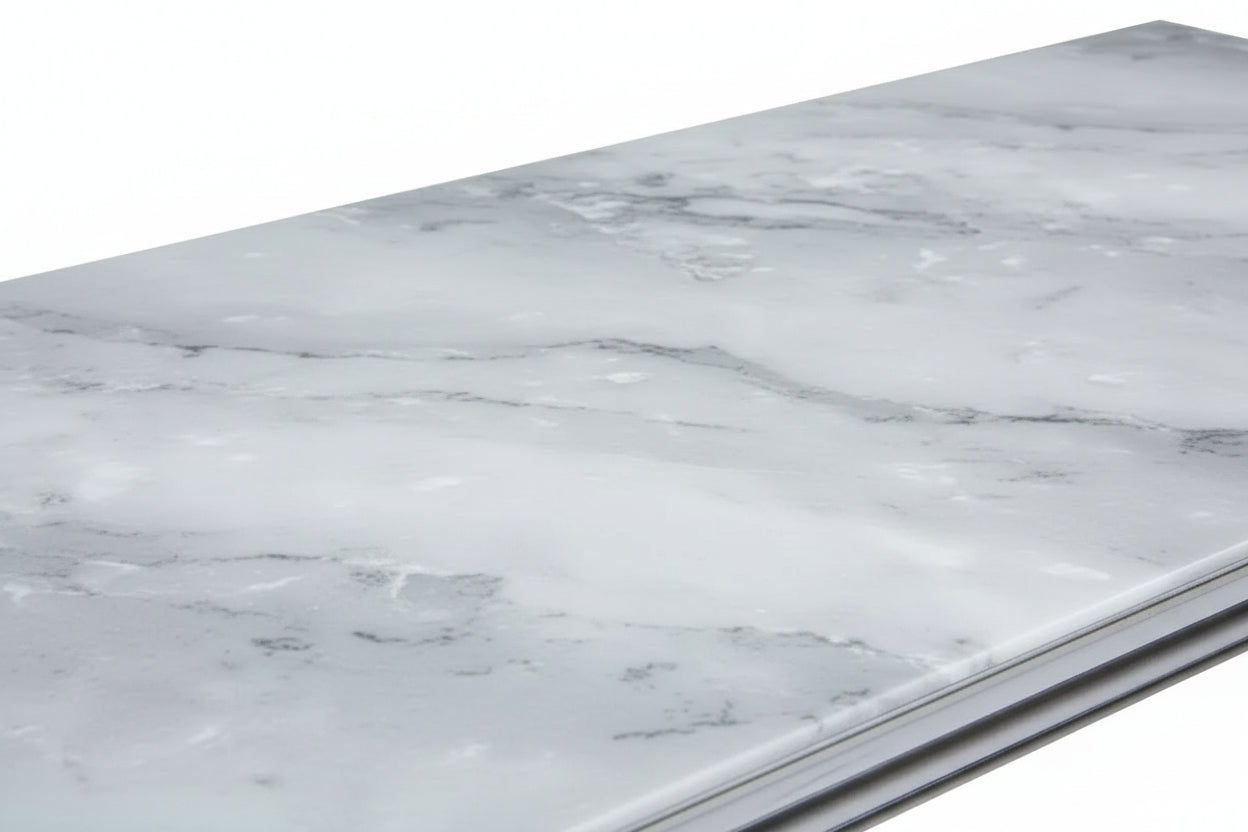Table à manger BAROQUE 6 à 8 couverts pieds chrome plateau en verre 180x90 cm #couleur_marbré-greige