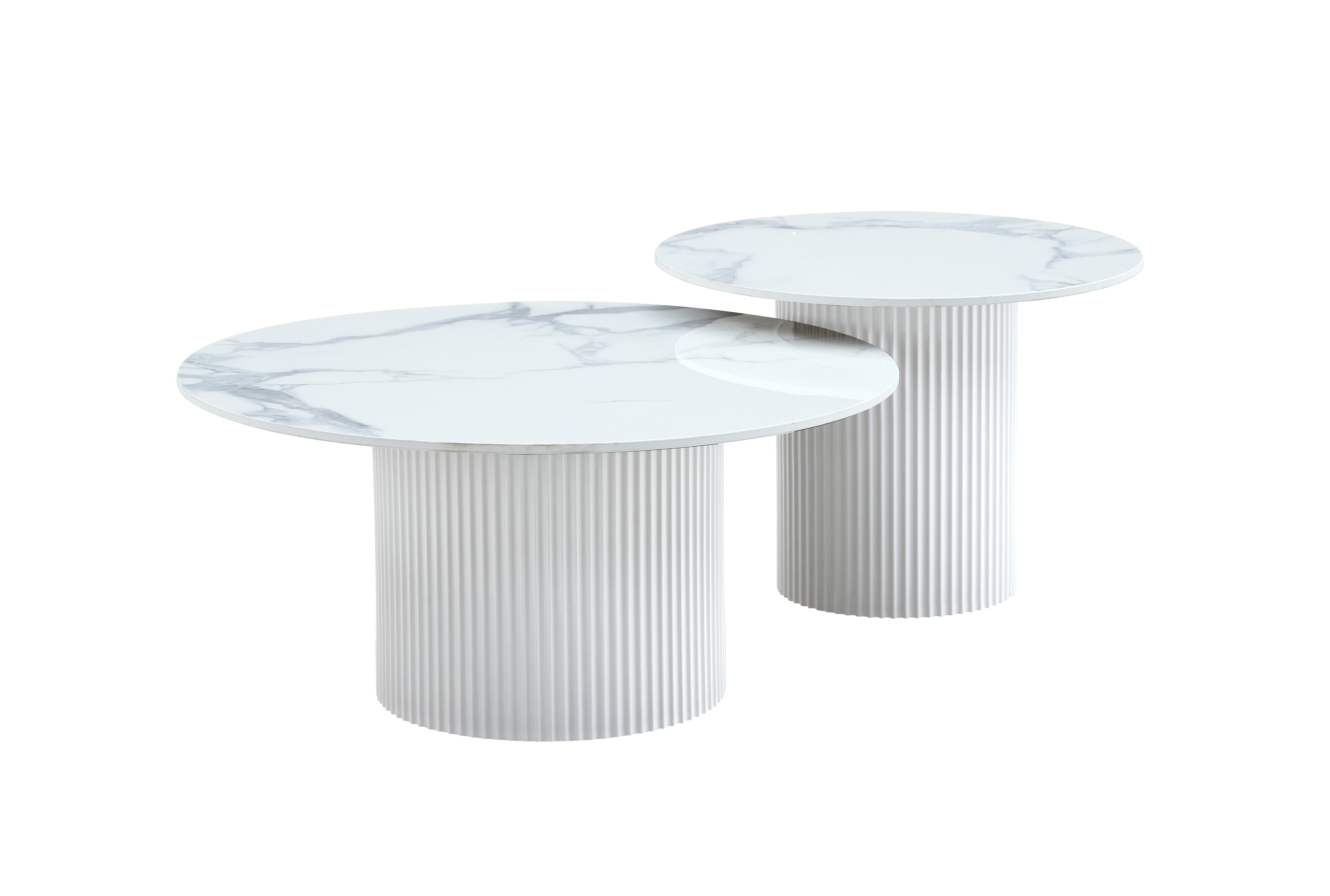 Lot 2 Tables Basses Rondes Céramique Blanc D80x38 D60x45 MINA