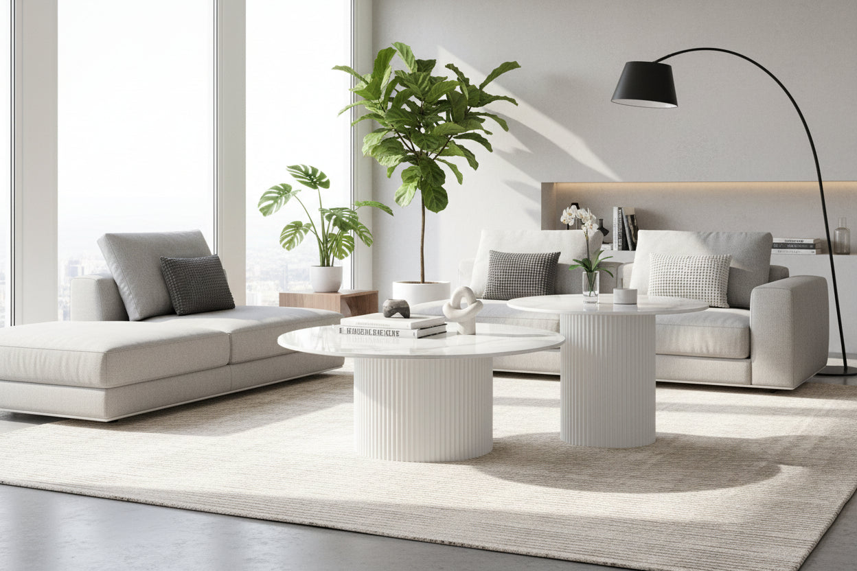 Lot 2 Tables Basses Rondes Céramique Blanc D80x38 D60x45 MINA