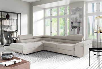 Canapé d’Angle Convertible TOULOUSE Beige avec COFFRE de rangement – Angle Gauche – Velours – 275x202 cm