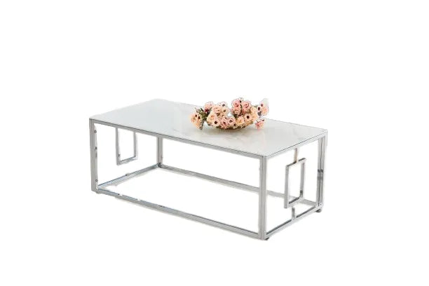 Table basse SOPHIE  pieds Chromé plateau en marbré blanc  120 cm