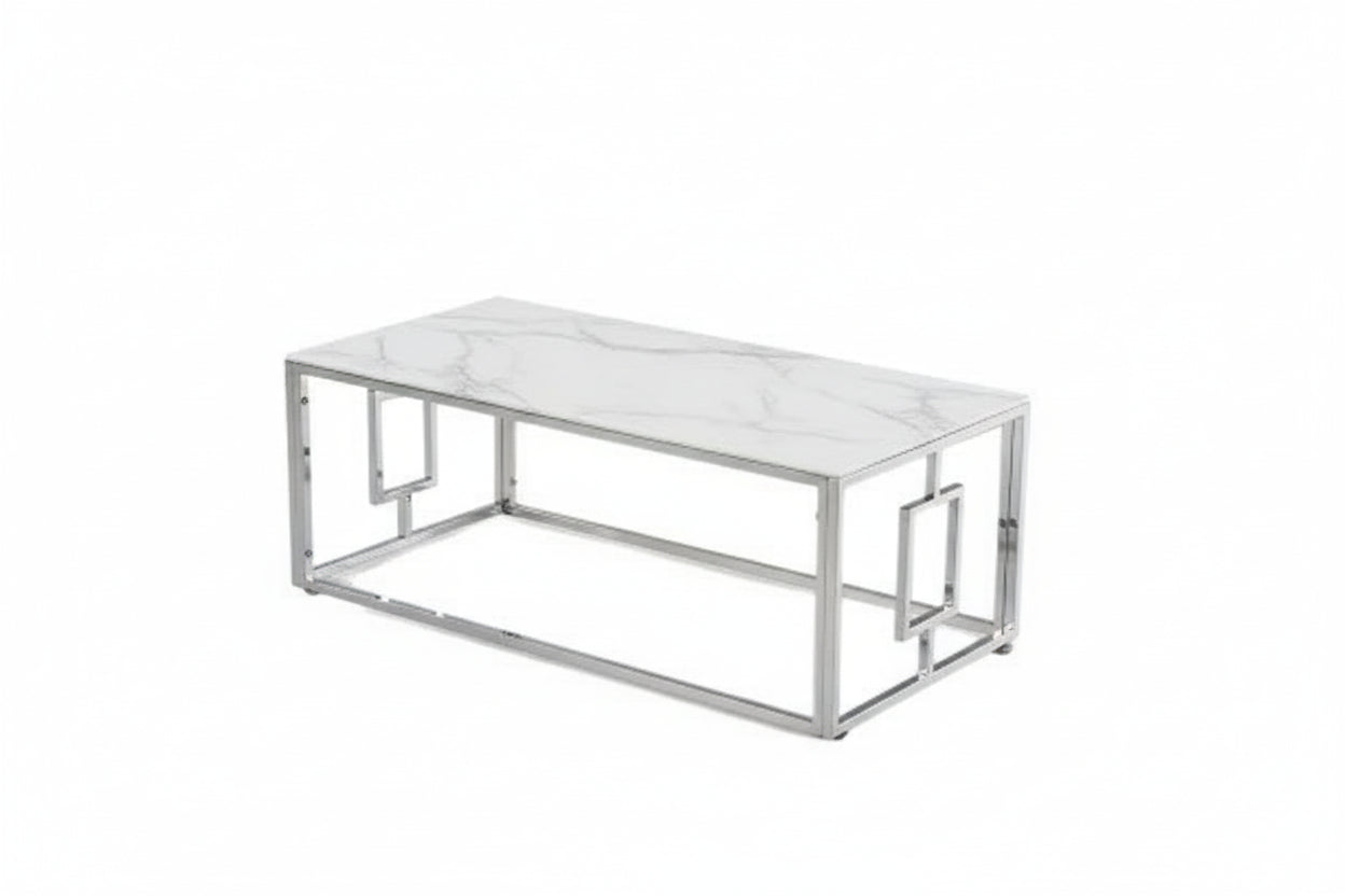 Table basse SOPHIE  pieds Chromé plateau en marbré blanc  120 cm