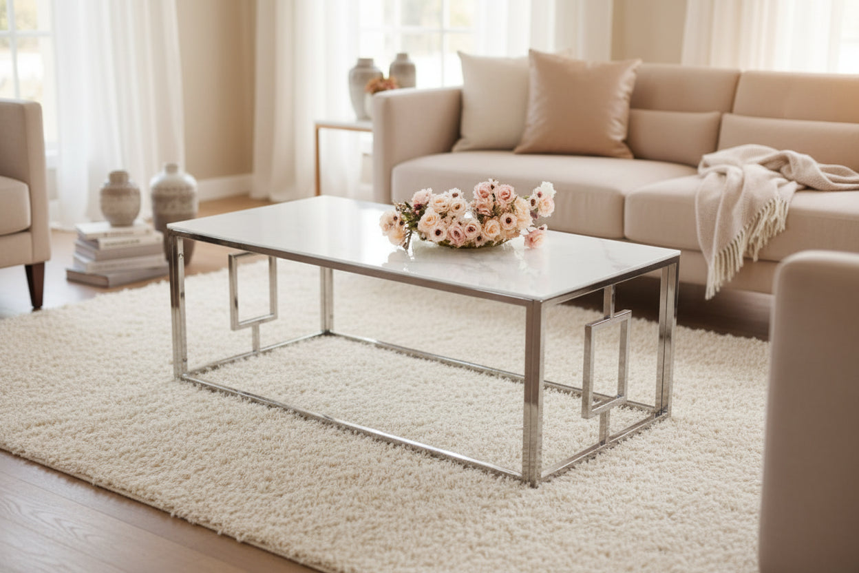 Table basse SOPHIE  pieds Chromé plateau en marbré blanc  120 cm