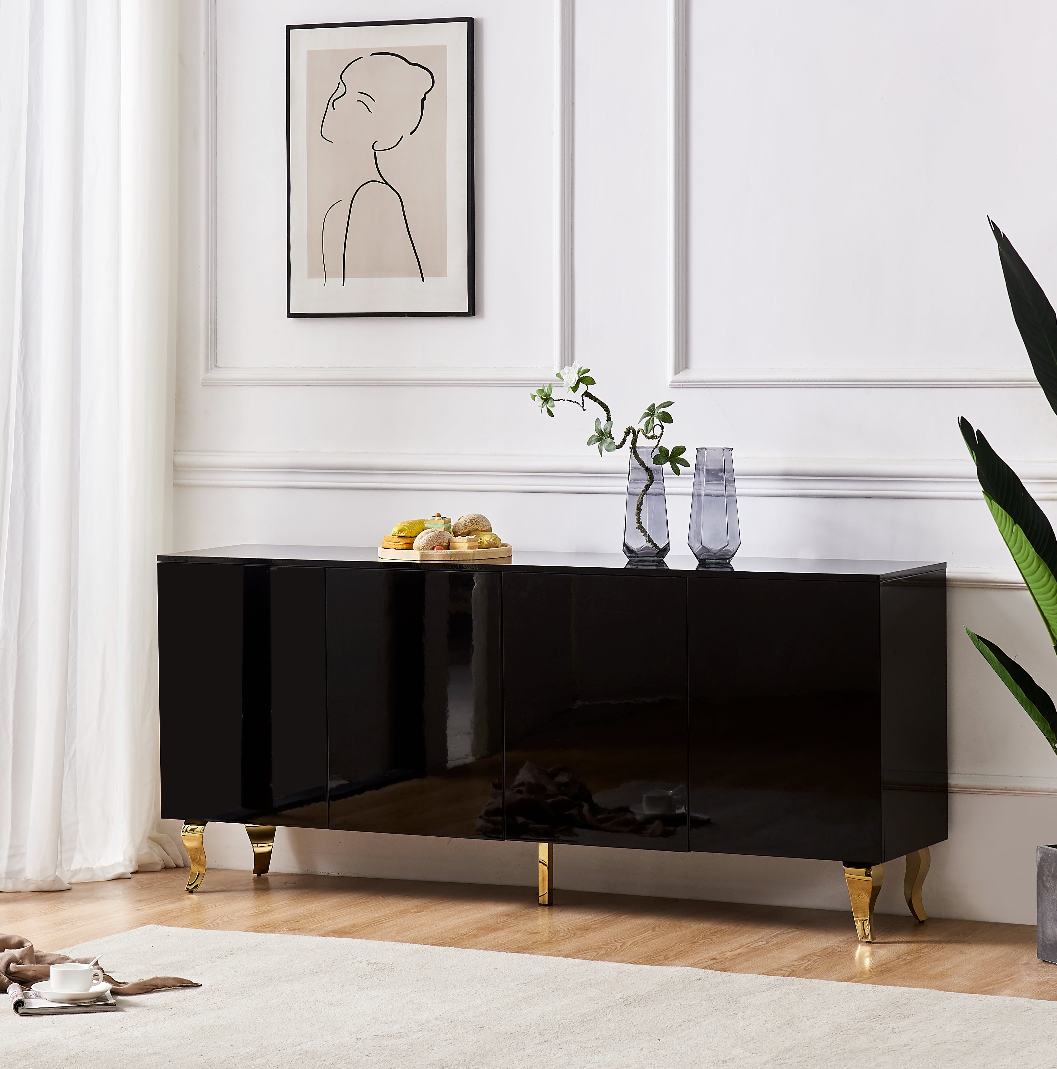 Buffet BAROQUE – Laqué Noir Pieds Dorée – 4 Portes – 180x40x80 cm