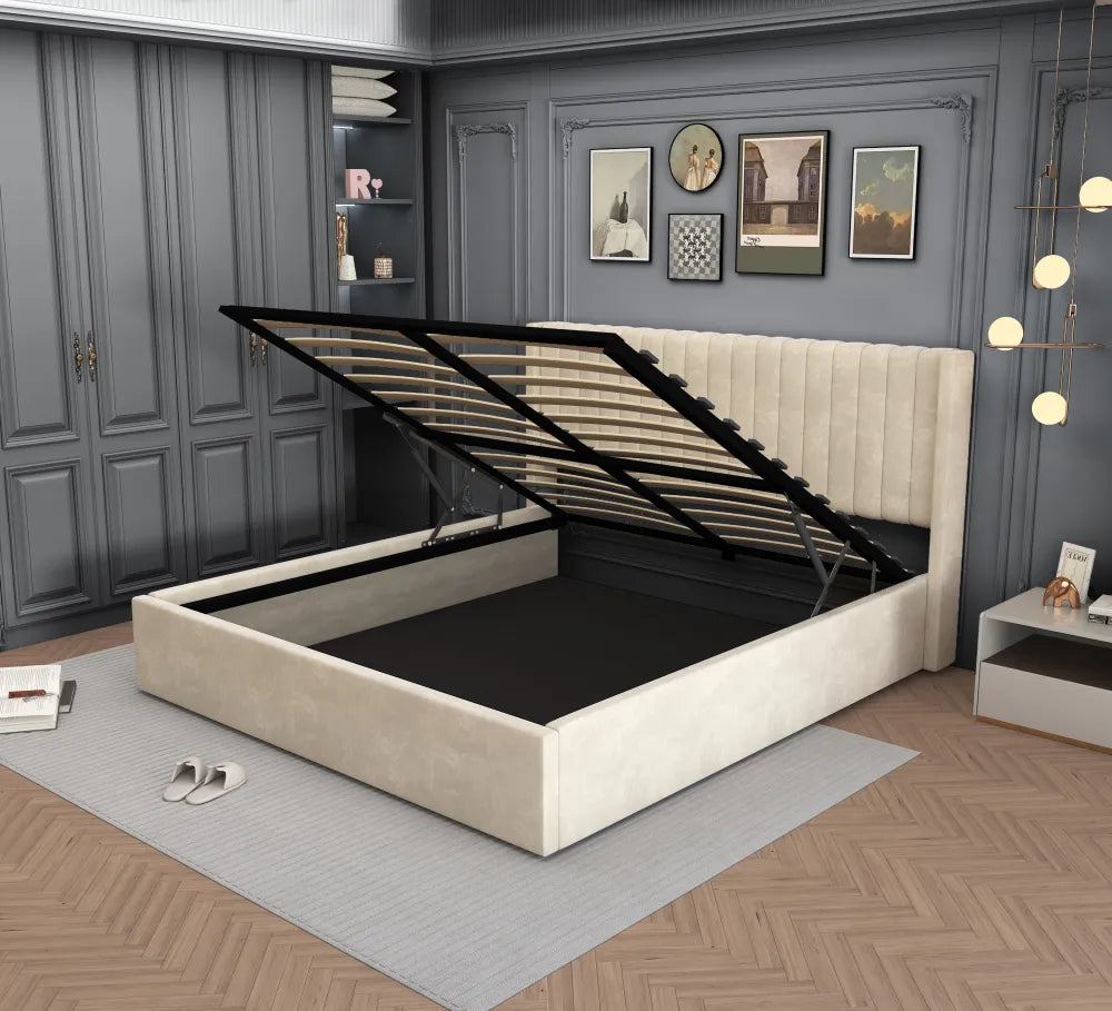 Lit coffre velours beige sommier inclus 160x200 cm CAMILLE
