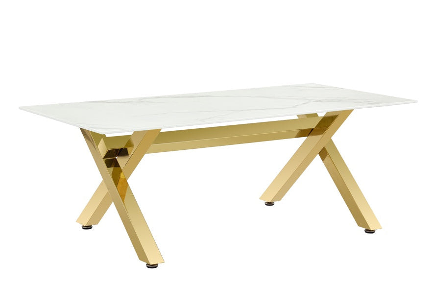 Table Basse IXE Métal Gold Plateau Verre Trempé Marbré Blanc 120x60x45cm