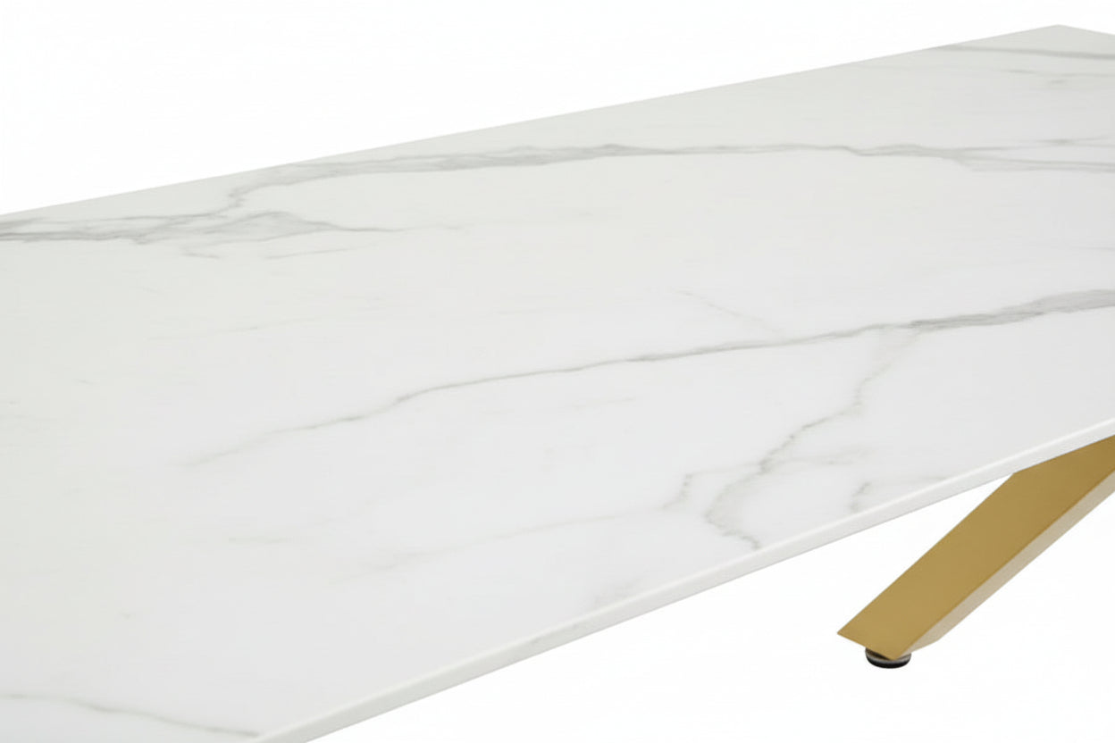 Table Basse IXE Métal Gold Plateau Verre Trempé Marbré Blanc 120x60x45cm