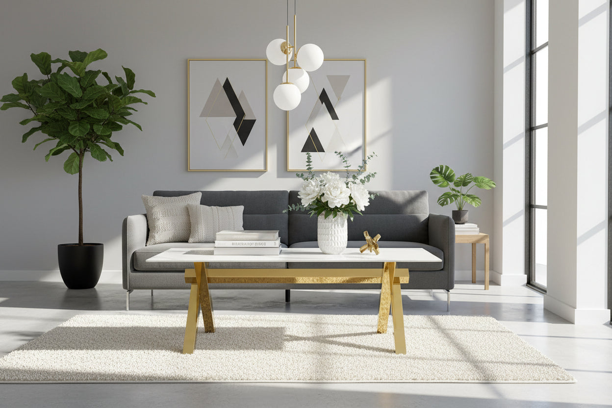 Table Basse IXE Métal Gold Plateau Verre Trempé Marbré Blanc 120x60x45cm