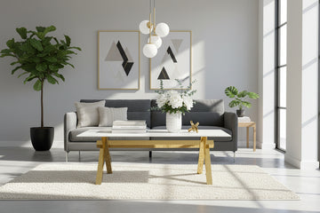 Table Basse IXE Métal Gold Plateau Verre Trempé Marbré Blanc 120x60x45cm