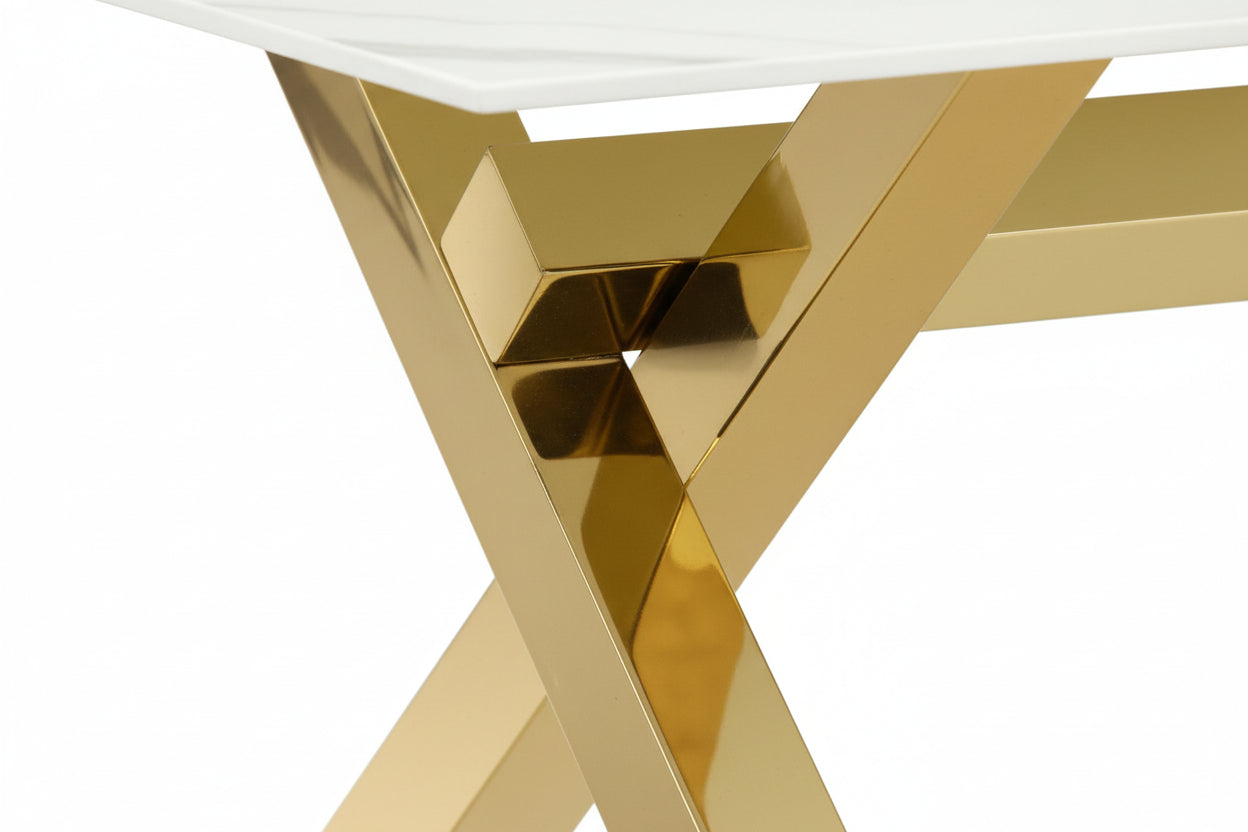 Table Basse IXE Métal Gold Plateau Verre Trempé Marbré Blanc 120x60x45cm