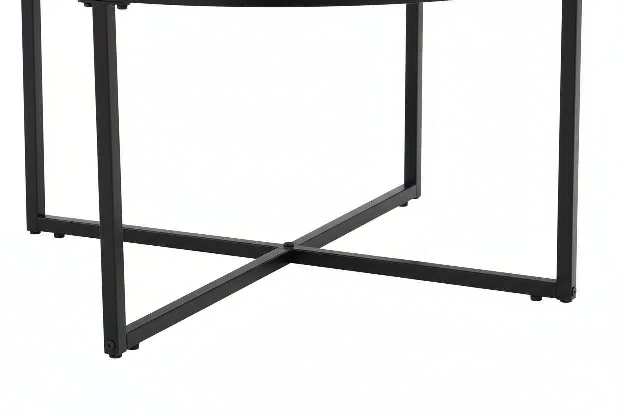 Table Basse LORIE Ronde Plateau Verre Trempé Miroir Structure Métal Noir D90x45cm
