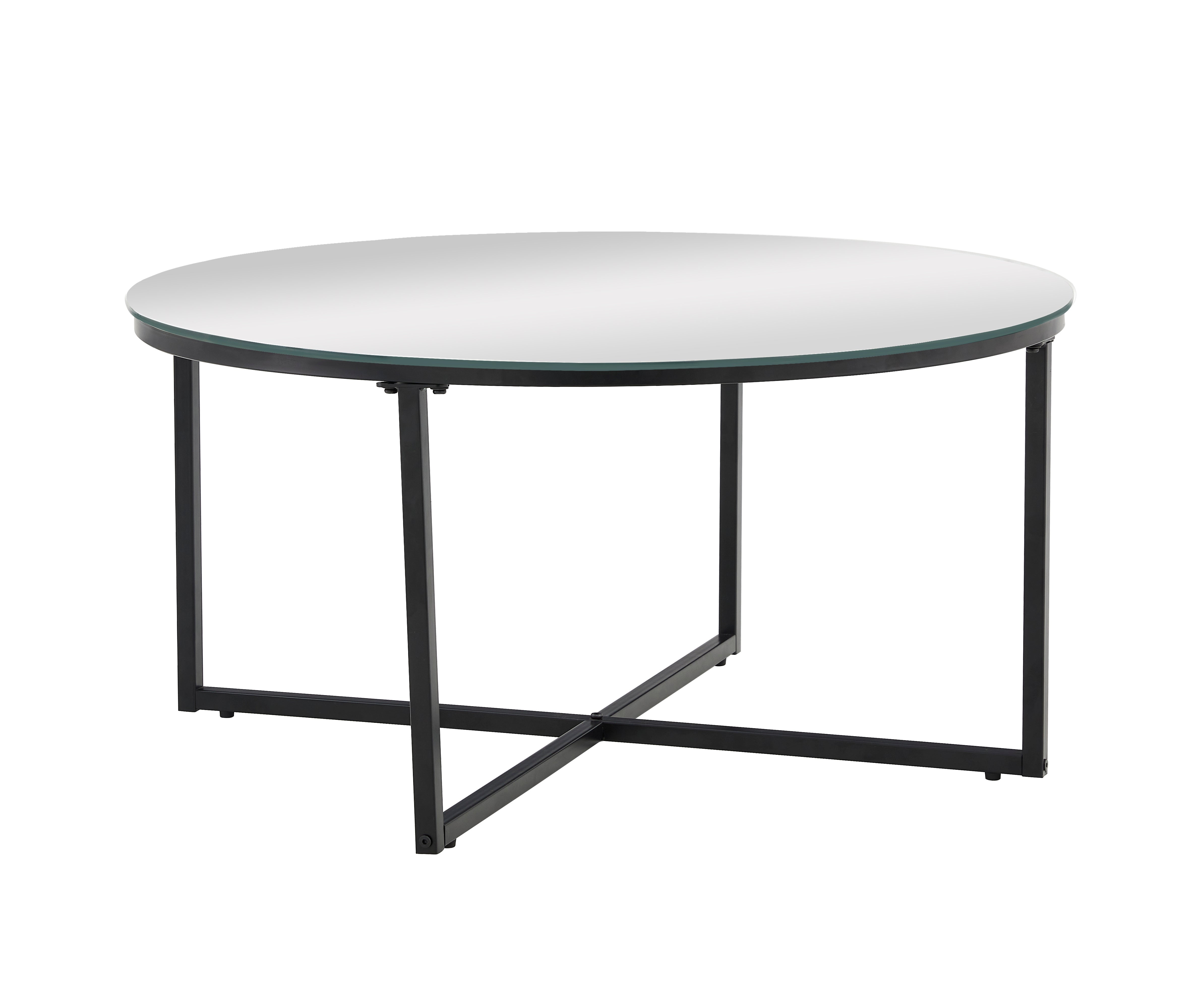 Table Basse LORIE Ronde Plateau Verre Trempé Miroir Structure Métal Noir D90x45cm