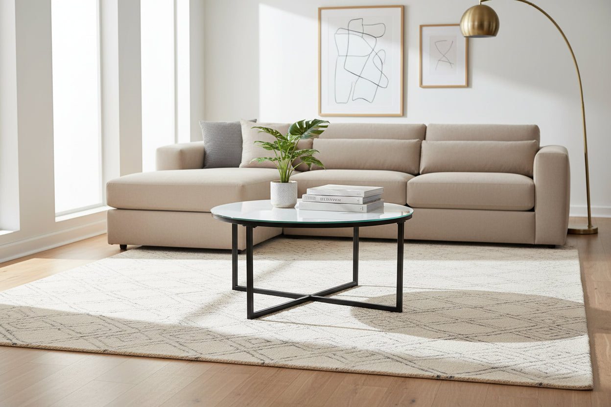 Table Basse LORIE Ronde Plateau Verre Trempé Miroir Structure Métal Noir D90x45cm