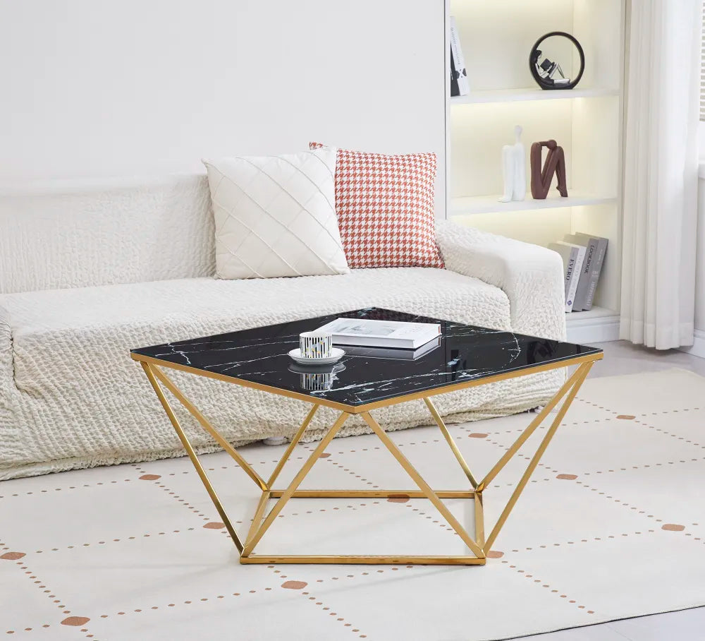 Table Basse ALINA Carrée Plateau Verre Trempé Marbré Noir Pieds Gold 80x80x45cm