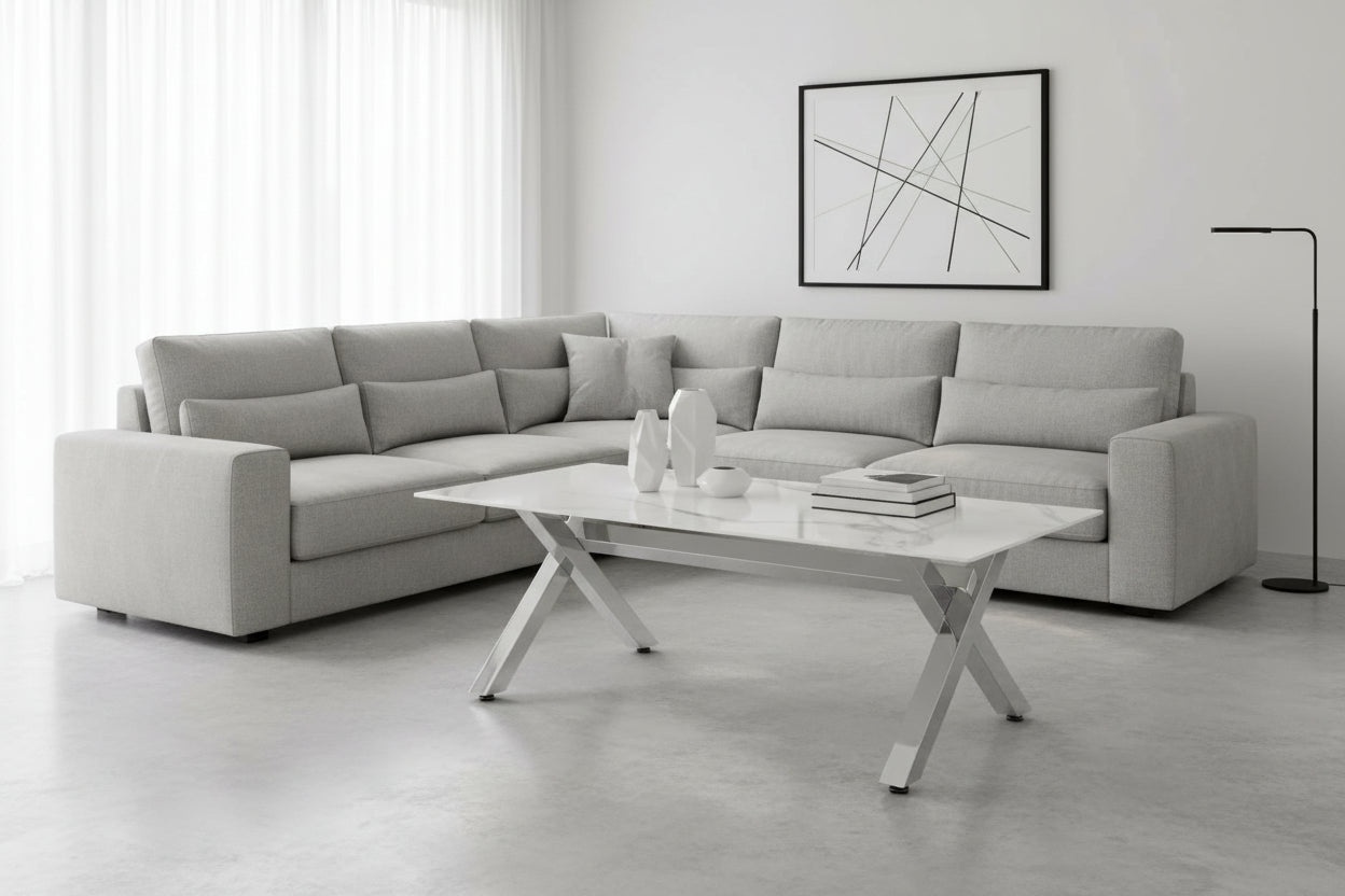 Table basse IXE Chrome & Verre Transparent 120x60x45 cm - Marbré blanc