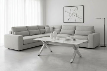 Table basse IXE Chrome & Verre Transparent 120x60x45 cm - Marbré blanc