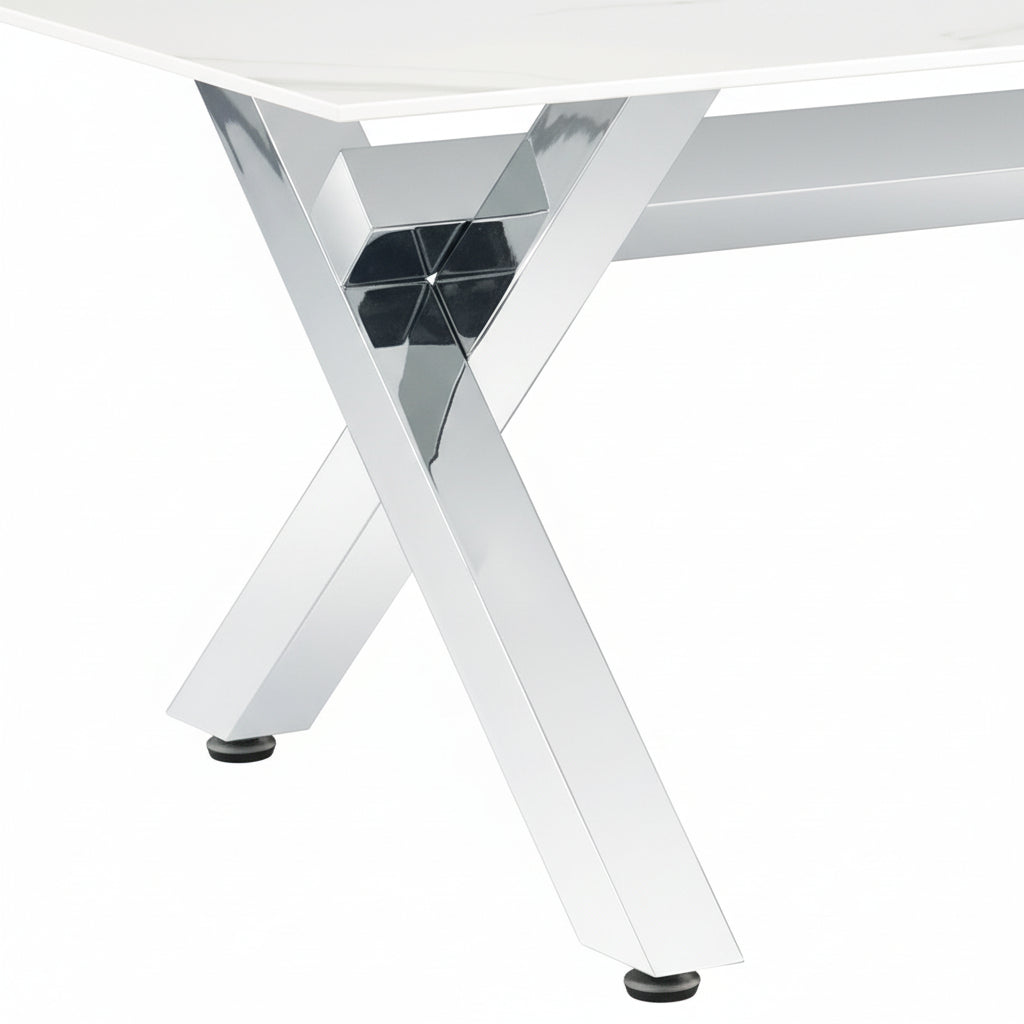 Table basse IXE Chrome & Verre Transparent 120x60x45 cm - Marbré blanc