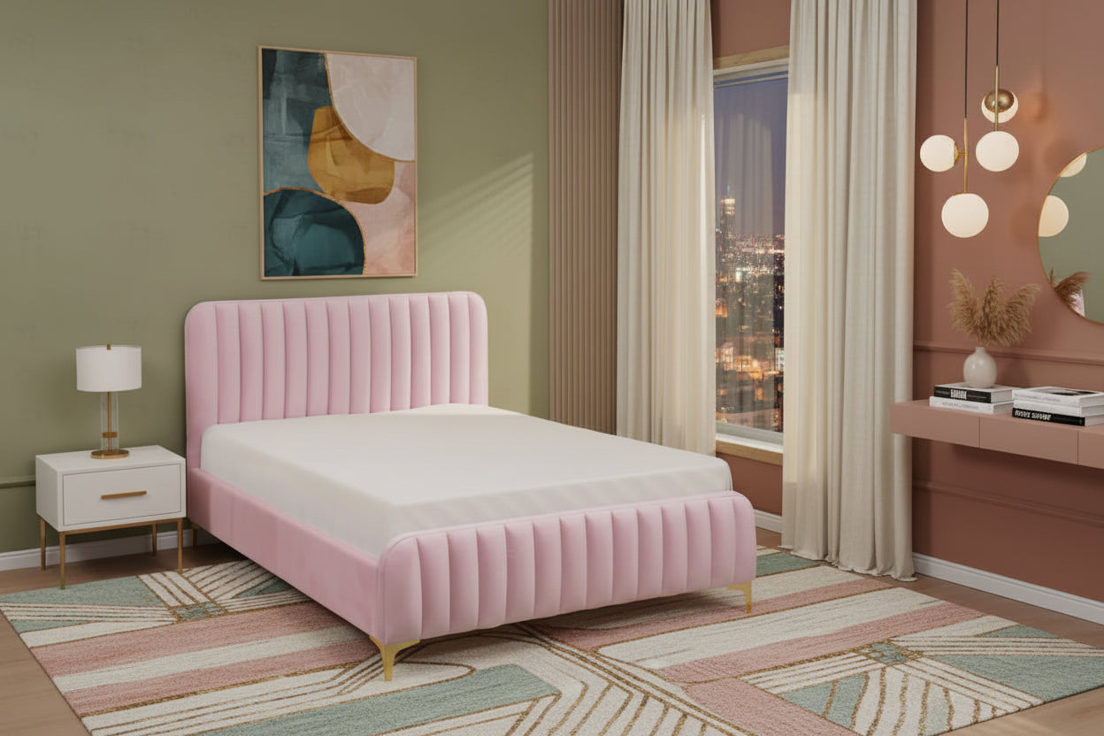 Lit 2 places velours rose sommier inclus 160x200 cm FAYE