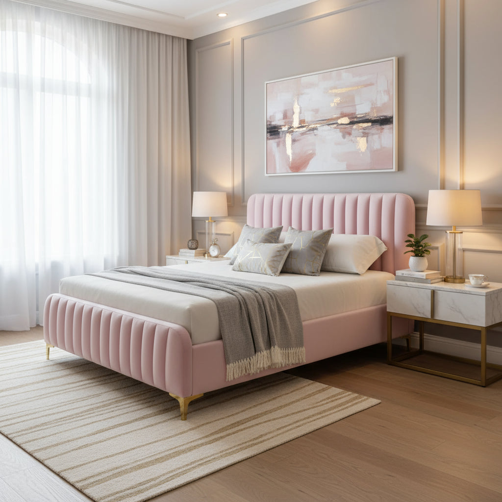 Lit 2 places  FAYE design velours ROSE sommier inclus 140x190 cm