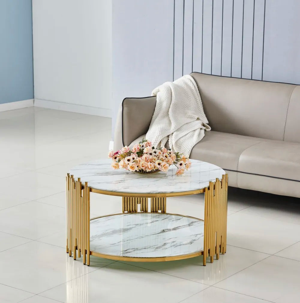 Table Basse ronde STICK Gold et plateau en verre MARBRE BLANC D90 H45 cm