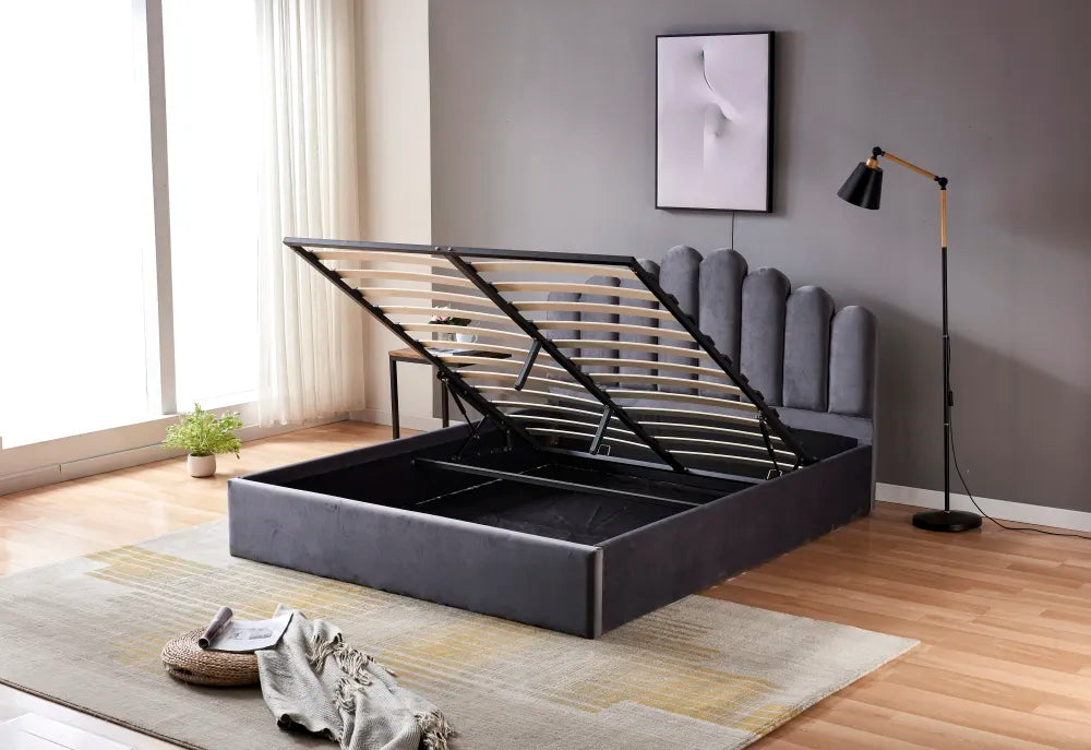 Lit coffre 2 places 140x190 cm DOHA sommier coffre intégré #couleur_gris