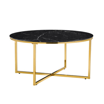 Table Basse LORIE Ronde Plateau Verre Trempé Marbré Noir Structure Métal Gold D90x45cm