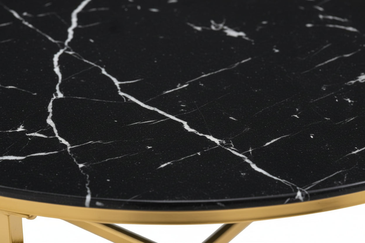 Table Basse LORIE Ronde Plateau Verre Trempé Marbré Noir Structure Métal Gold D90x45cm