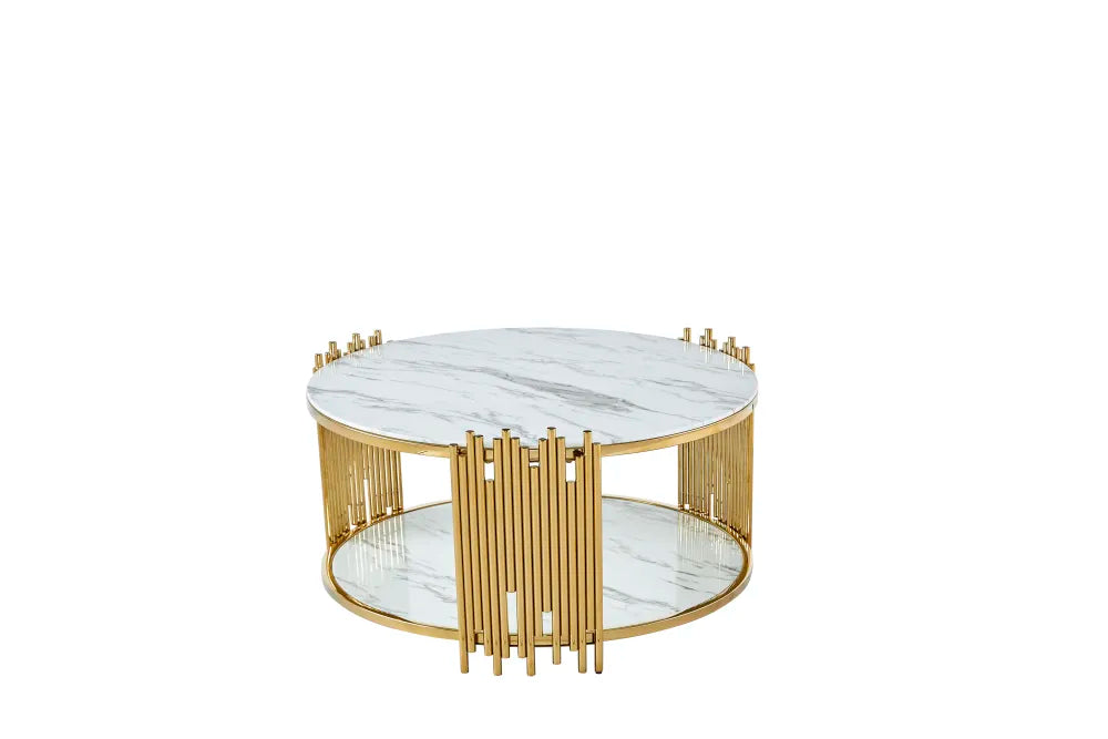 Table Basse ronde STICK Gold et plateau en verre MARBRE BLANC D90 H45 cm