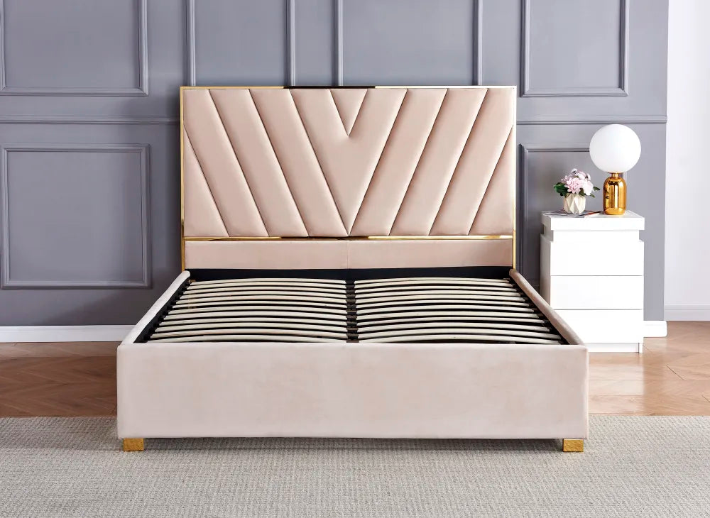 Lit Adulte Vera 140x190 cm Velours Beige Sommier Inclus Pieds Acier Gold