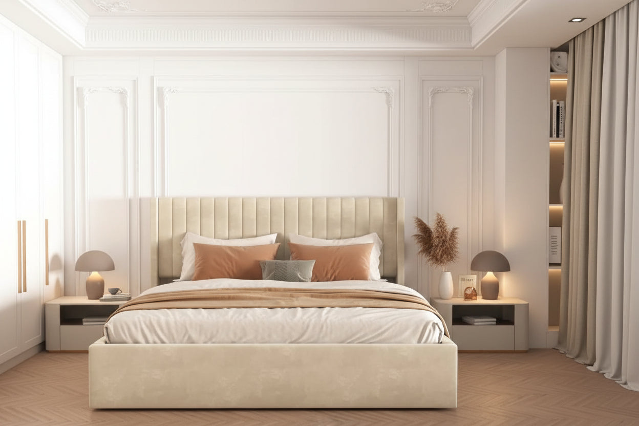 LIT DOUBLE COFFRE CAMILLE 140X190CM #couleur_beige