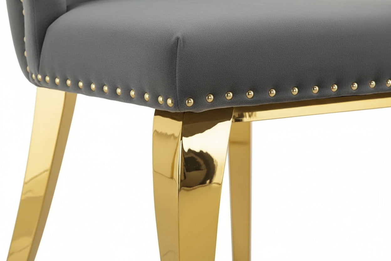 Lot 2 Chaises Salle à Manger Anneau Velours Anthracite Capitonnées Cloutées Pieds Gold