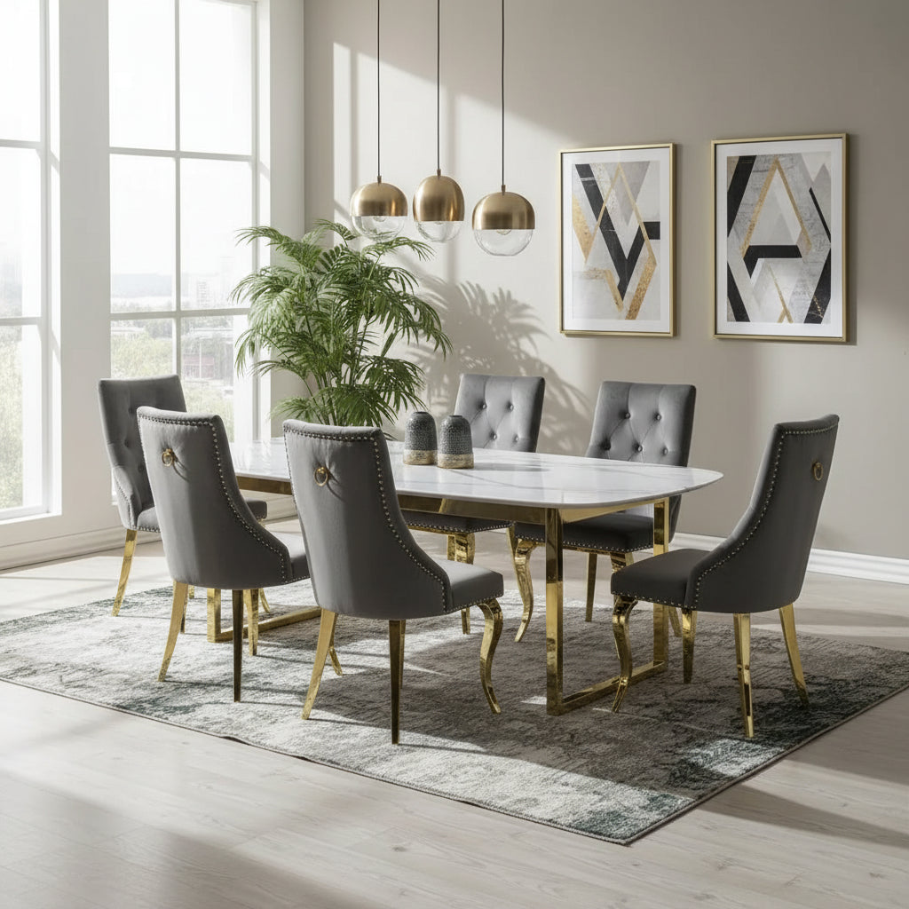 Lot 2 Chaises Salle à Manger Anneau Velours Anthracite Capitonnées Cloutées Pieds Gold