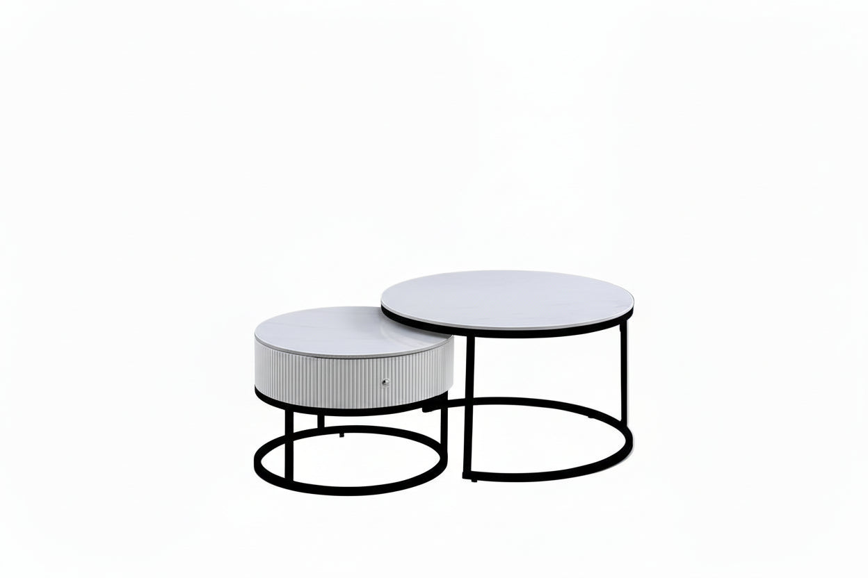 TABLE BASSE GIGOGNE SAMIRA METAL NOIR TIROIR CERAMIQUE MARBRE BLANC 80+60CM