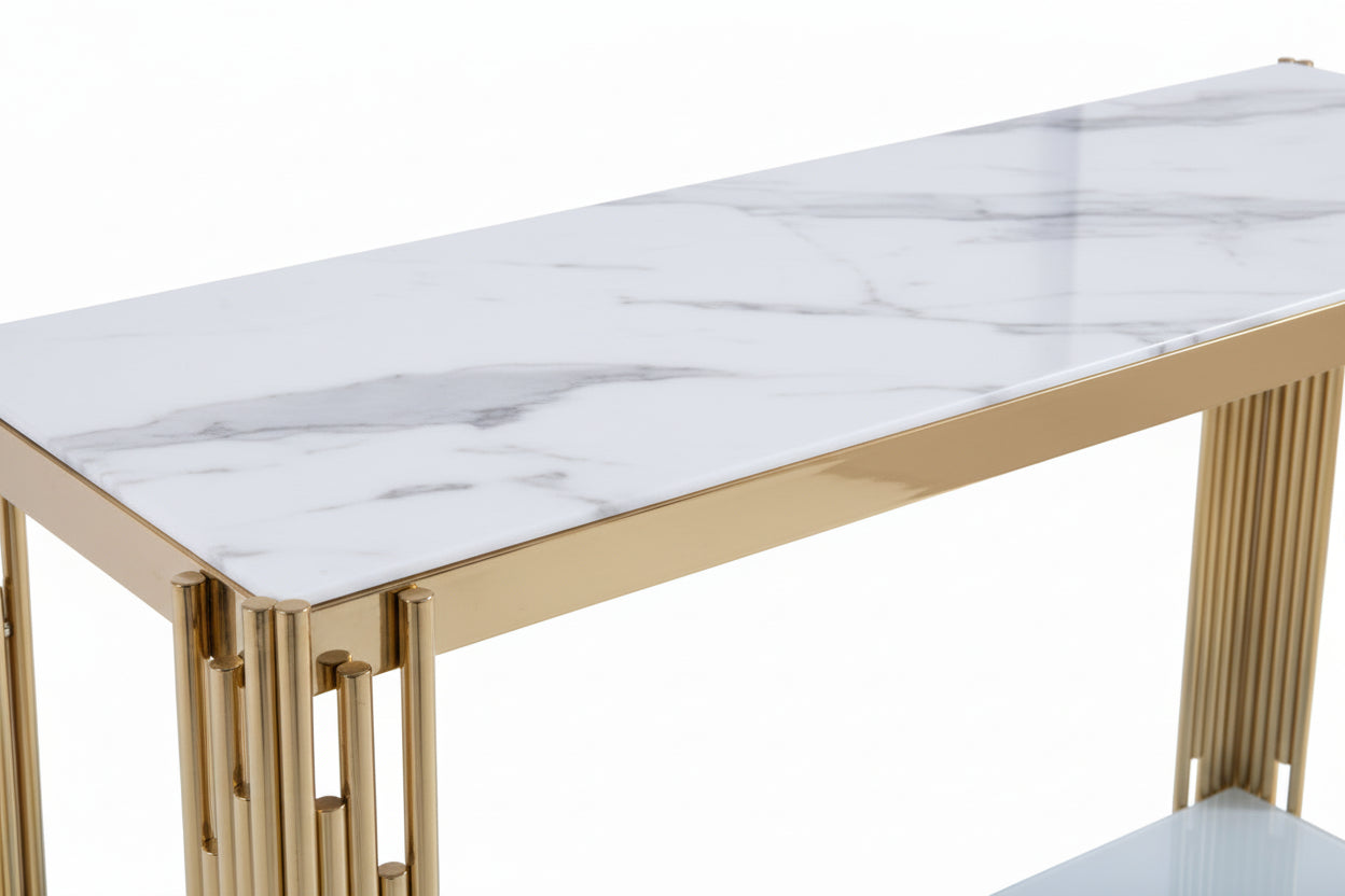 Console gold verre marbré blanc 120x40x78 cm FLUTE