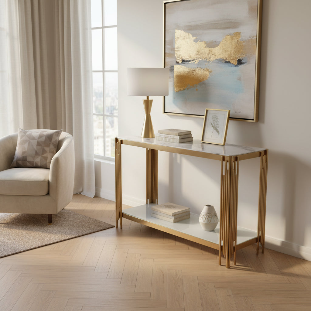 Console gold verre marbré blanc 120x40x78 cm FLUTE