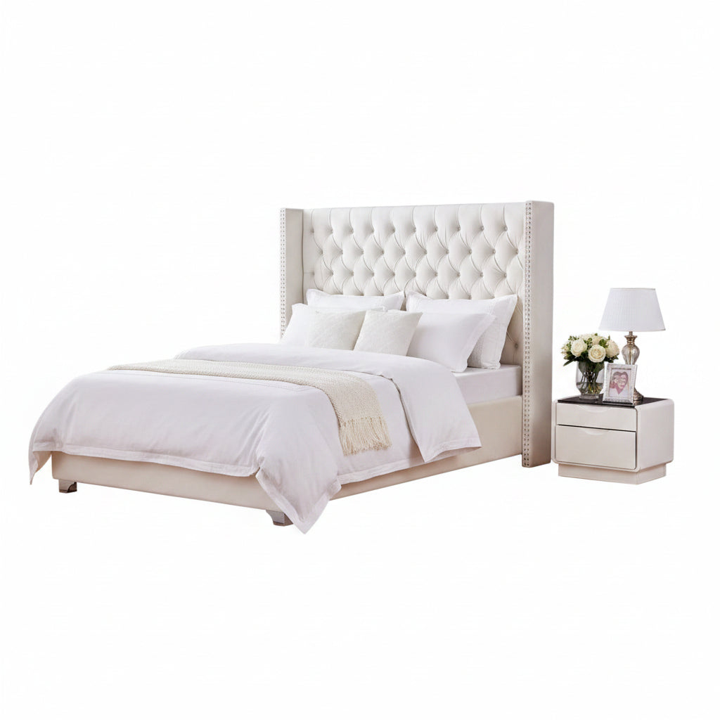 Lit double 180x200 cm velours nude tête capitonnée sommier inclus PRINCESSE
