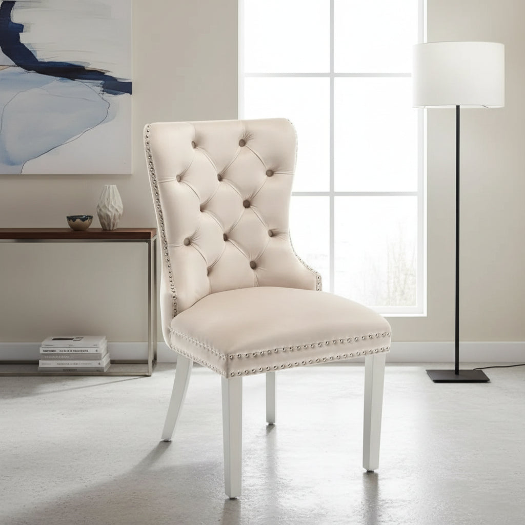 Lot de 2 chaises POIGNEE Clouté en velours pied chromé - Beige