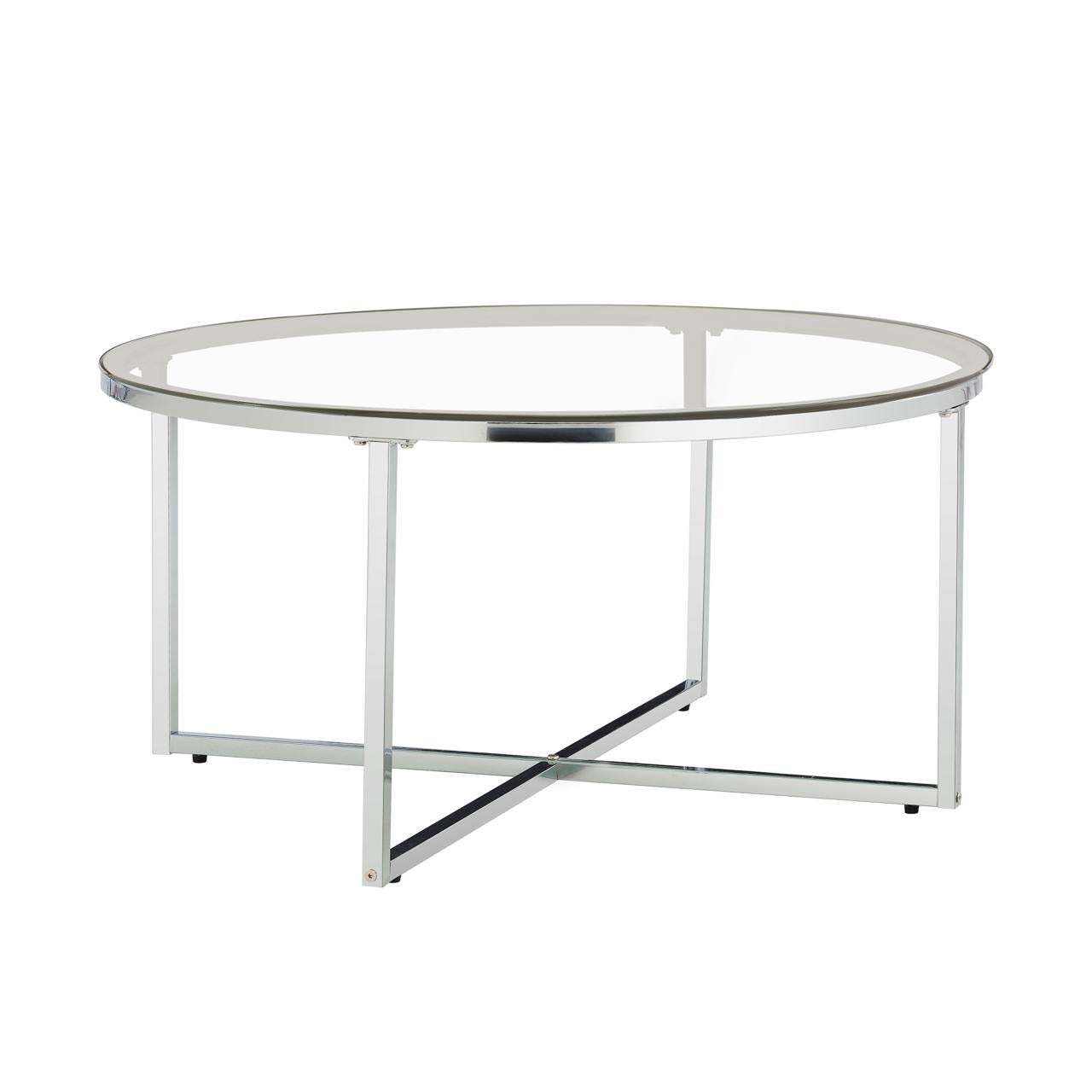 Table Basse LORIE Ronde Plateau Verre Trempé Transparent Structure Métal Chrome D90x45cm