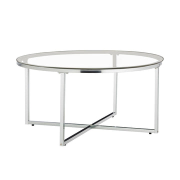 Table Basse LORIE Ronde Plateau Verre Trempé Transparent Structure Métal Chrome D90x45cm