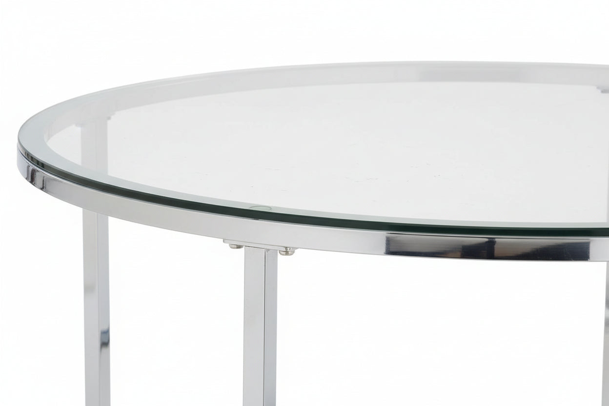Table Basse LORIE Ronde Plateau Verre Trempé Transparent Structure Métal Chrome D90x45cm
